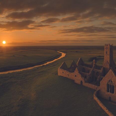 Zu sehen ist eine Landschaft in Irland. Man blickt in Vogelperspektive auf ein altes Schloss. Am Horizont geht die Sonne unter. Durch die grüne Landschaft schlängelt sich ein kleiner Fluss.