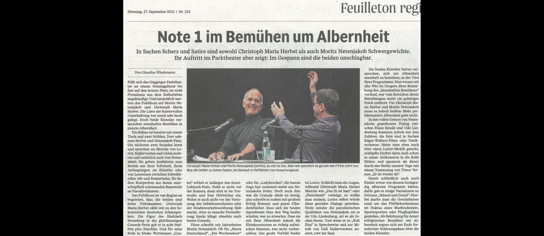 Augsburger Allgemeine Feuilleton über - "Das ernsthafte Bemühen um Albernheit "